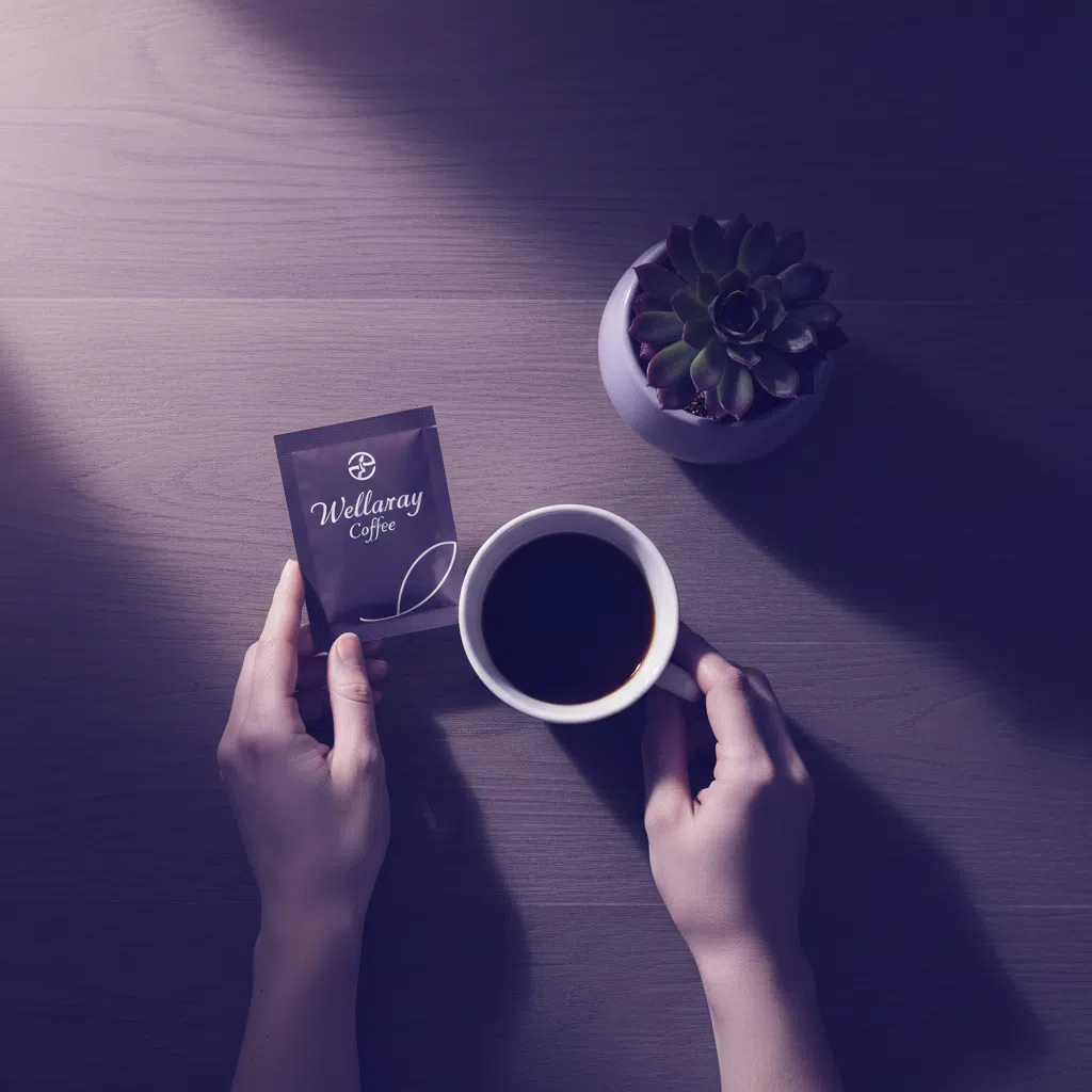 Morning routine - hands placing a Wellaray Coffee sachet beside a white cup on a wooden table with a small plant